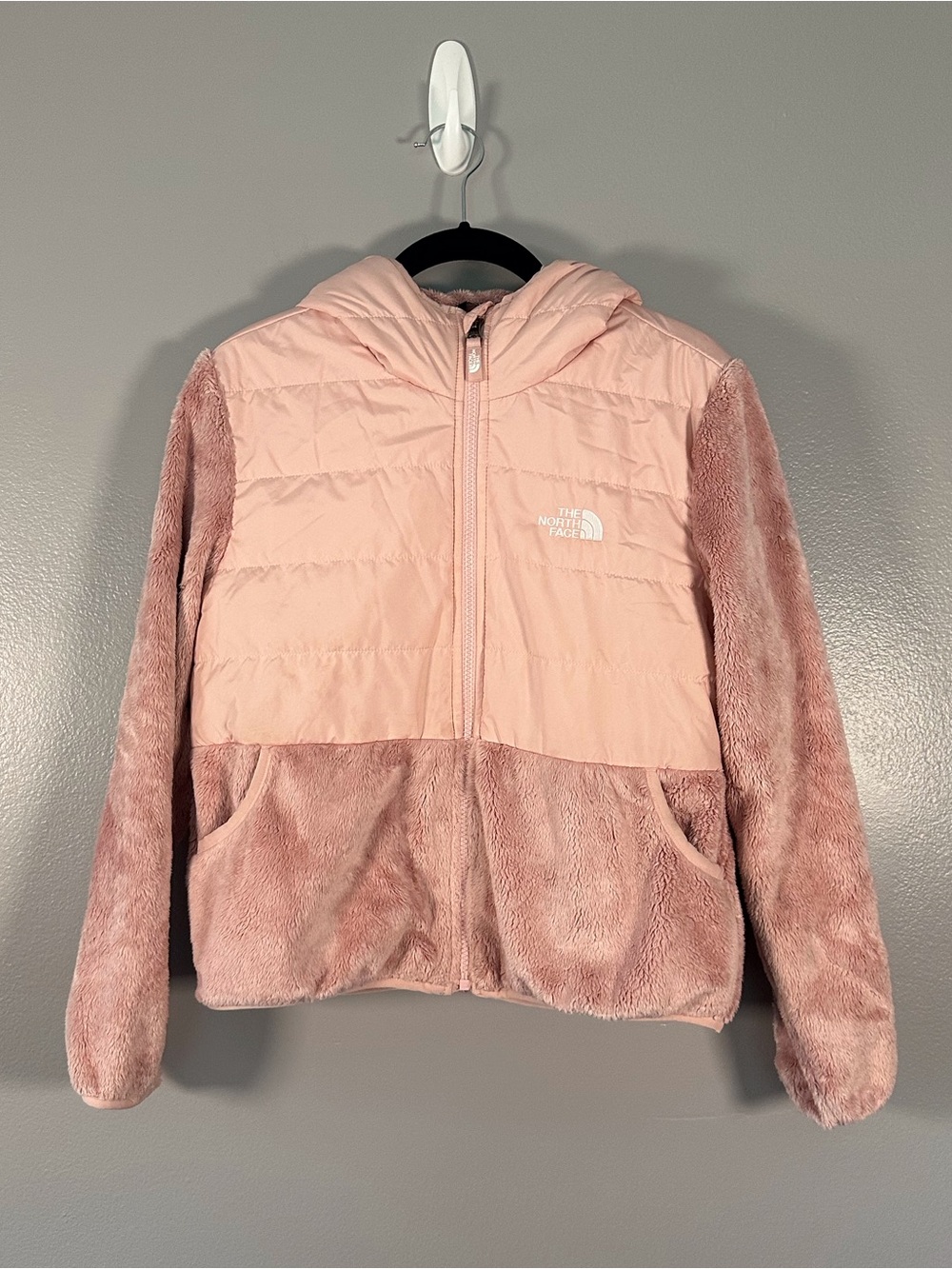 The North Face Girls' Blush Pink Hooded Hybrid Fleece Jacket size large 14/16